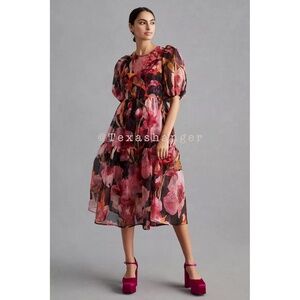 Anthropologie Puff-Sleeve Organza Midi Dress S Small Pink Combo
